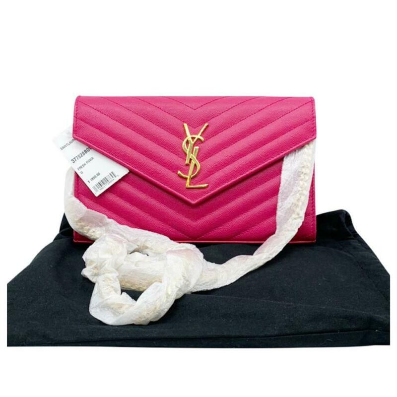 Saint Laurent Chain Wallet Grain De Poudre Matelasse Chevron Monogram Pink