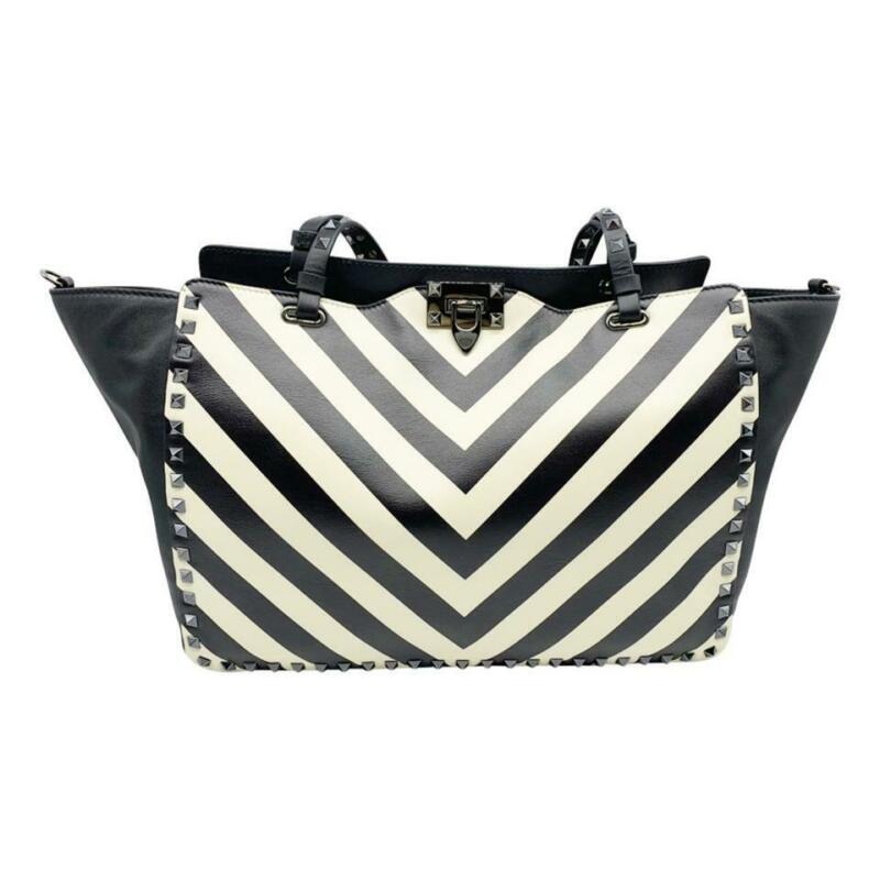 Valentino Rockstud Chevron Stripe Medium Black Leather Tote