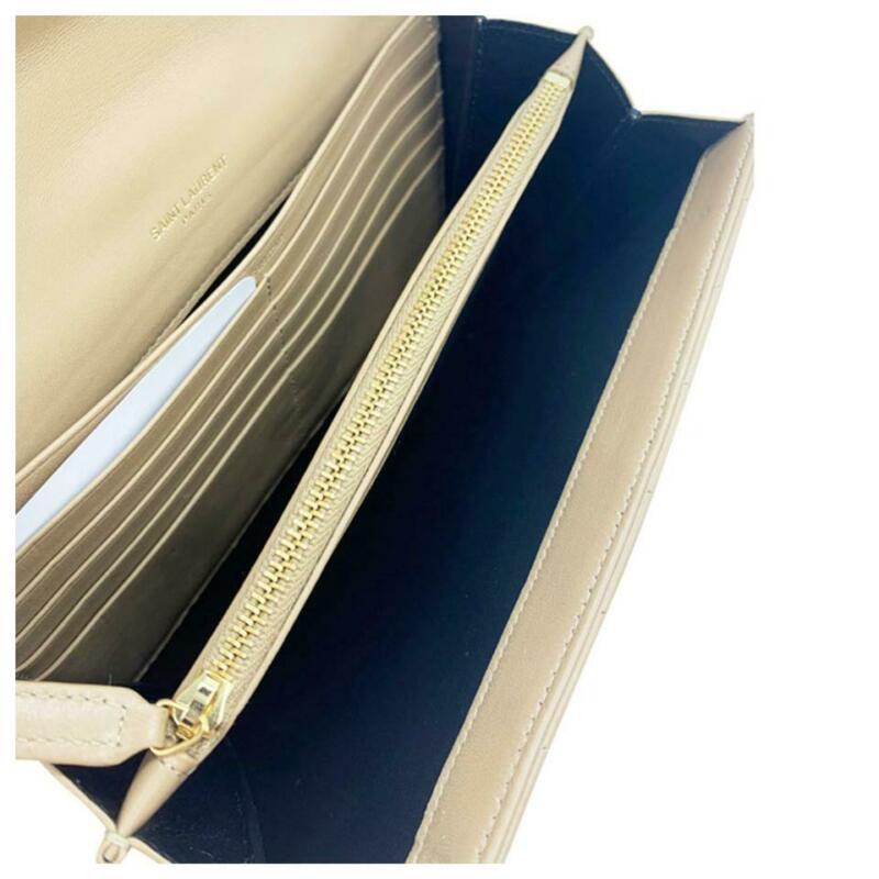 Saint Laurent Vicky Small Wallet On A Chain Monogram Beige Leather Shoulder Bag