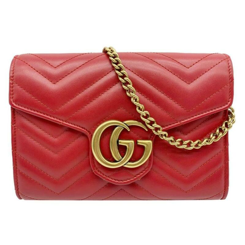 Gucci Chain Wallet Marmont Calfskin Matelasse Gg Red Leather Cross Body Bag