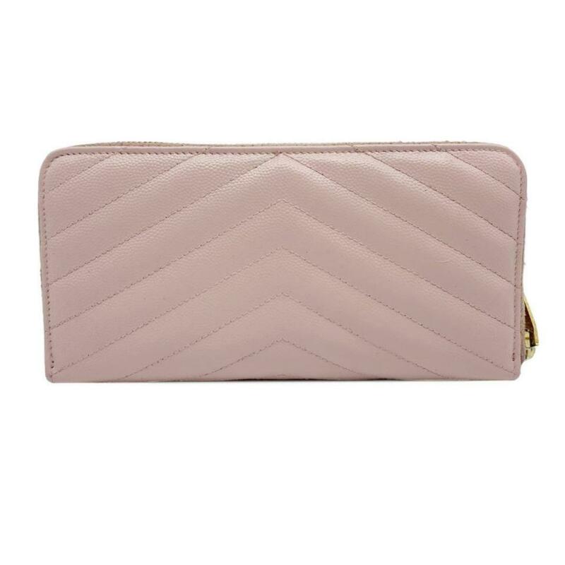 Saint Laurent Pink Grain De Poudre Matelasse Chevron Monogram Zip Around Pale