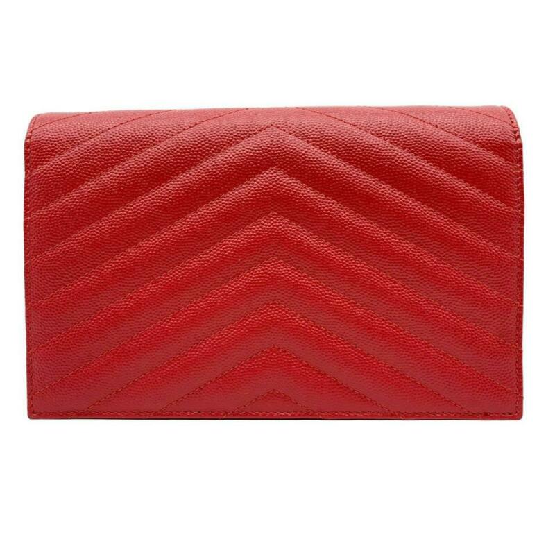 Saint Laurent Monogram Envelope Chain Wallet Matelasse Chevron New Red Leather
