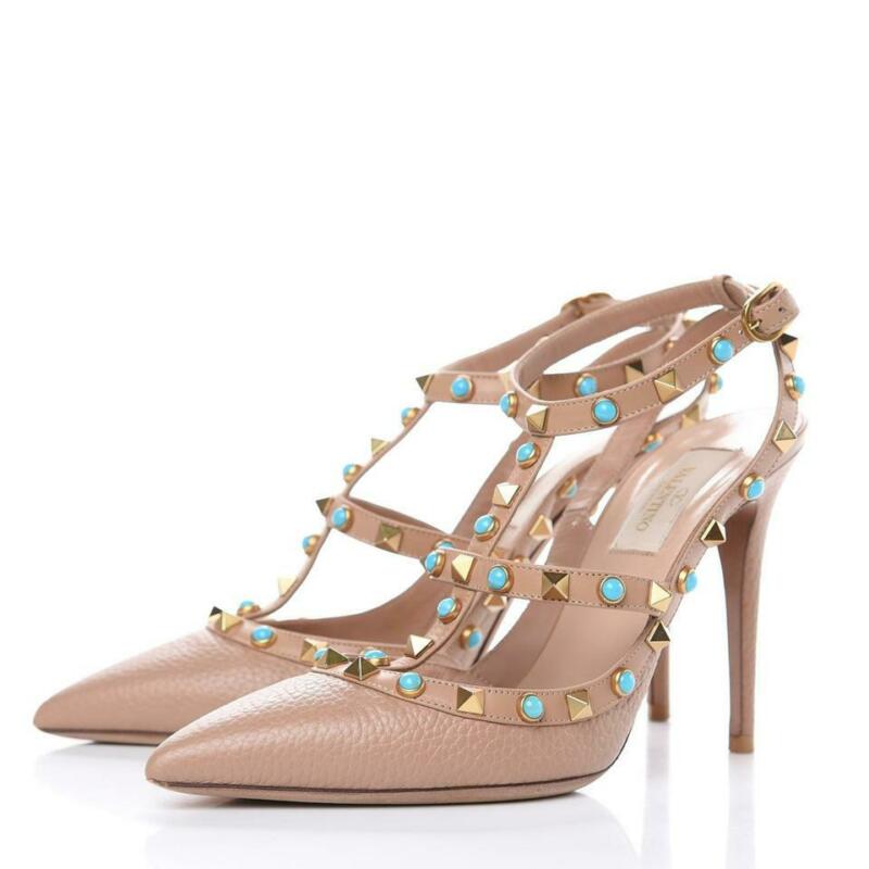 Valentino Beige Pebbled Calfskin Rockstud Rolling Ankle Strap Poudre Pumps