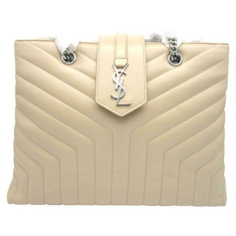 Saint Laurent Monogram Loulou Large Poudre Quilted Matelasse Chain Shopper Beige
