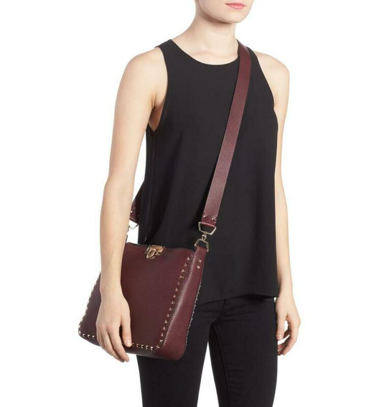 Valentino Hobo Small Rockstud Burgundy Leather Messenger Bag