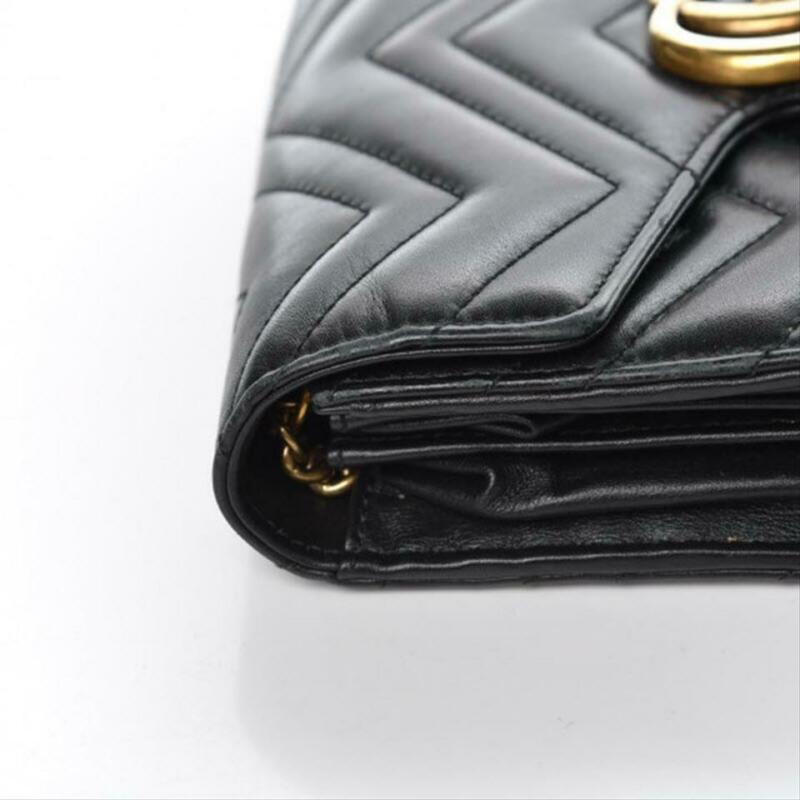 Gucci GG Chain Wallet Marmont Calfskin Black Matelassé Chevron Leather CrossBody