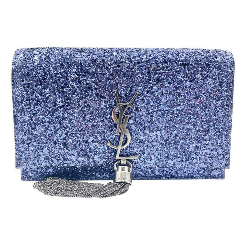 Saint Laurent Monogram Kate Chain Wallet New Chain Glitter Tassel Blue Leather