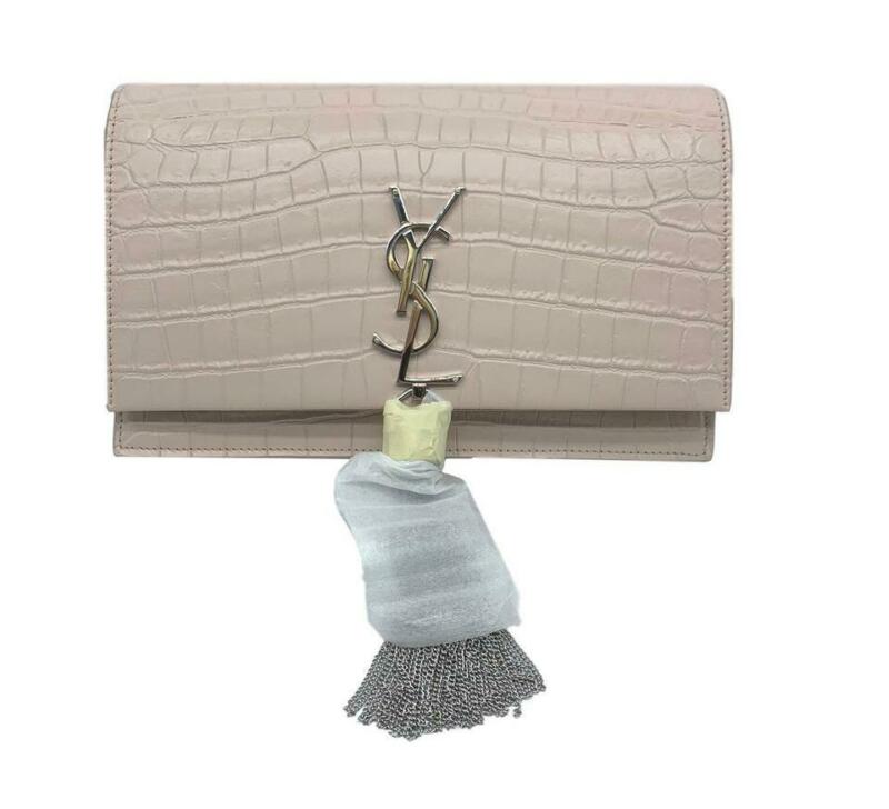 Saint Laurent Monogram Kate Chain Wallet Monogram Tassel Croc Pink Crocodile