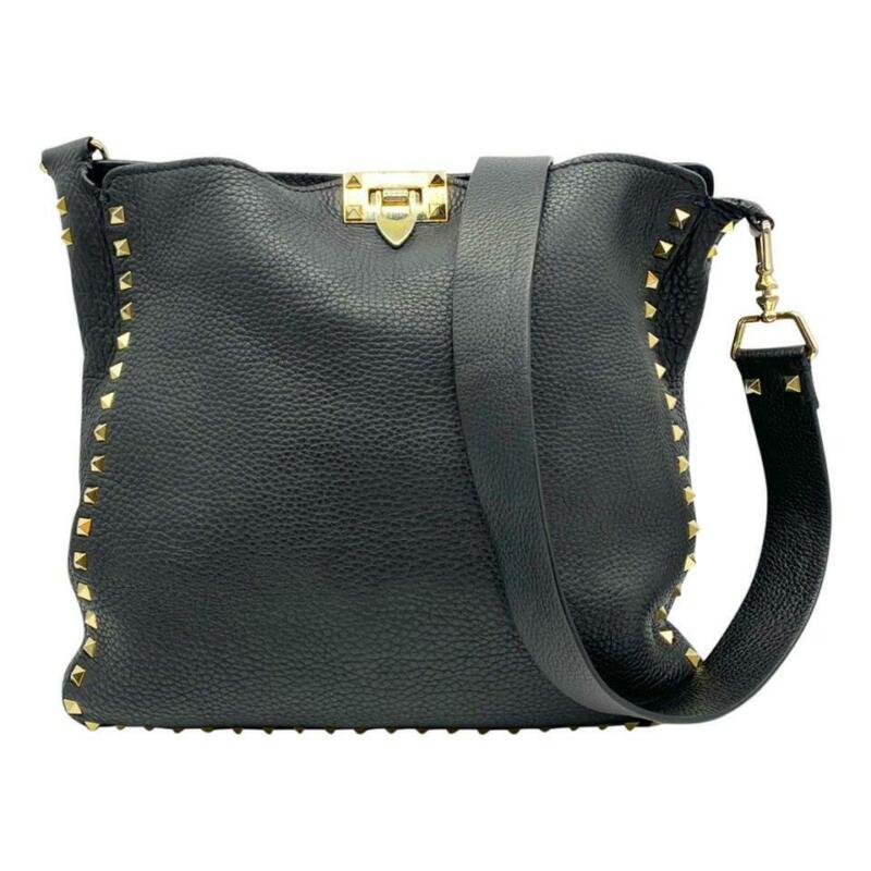 Valentino Pebbled Calfskin Rockstud Flip Lock Medium Black Leather Messenger Bag
