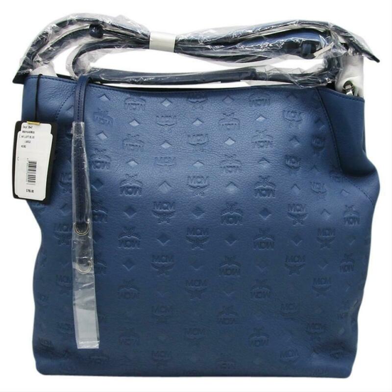 MCM Hobo Bag Klara Large Monogrammed Luft Blue Leather Tote