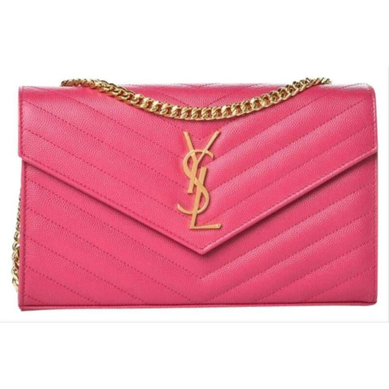 Saint Laurent Chain Wallet Grain De Poudre Matelasse Chevron Monogram Pink
