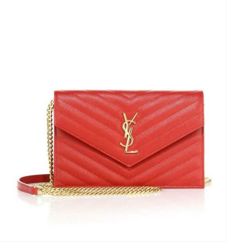 Saint Laurent Monogram Envelope Chain Wallet Matelasse Chevron New Red Leather
