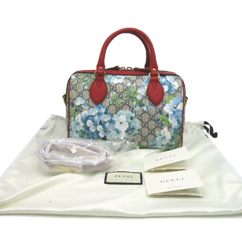 Gucci Boston Small Blooms Top Handle Signature Blue Gg Coated Canvas Satchel