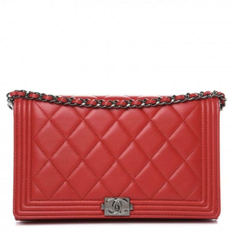 Chanel Boy Quilted Wallet On Removable Chain Woc Red Lambskin Leather