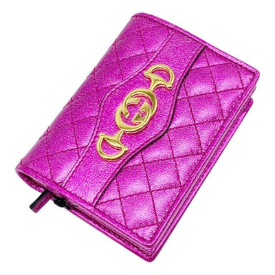 Gucci Pink Horsebit Marmont Trapuntata Flap Card Case Logo Icon Quilted Metallic