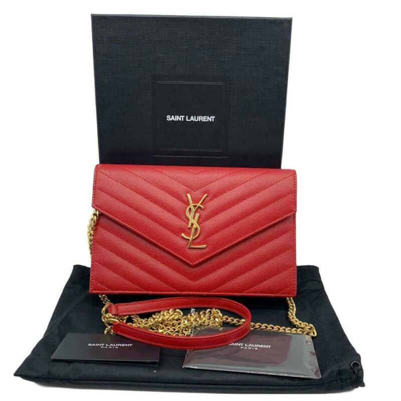 Saint Laurent Monogram Envelope Chain Wallet Matelasse Chevron New Red Leather
