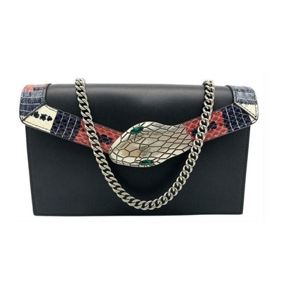 Gucci Chain Wallet Linea Snake Flap Black Leather Cross Body Bag