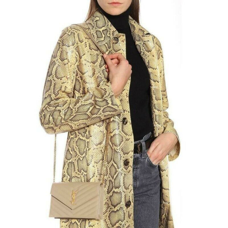 Saint Laurent Monogram Envelope Chain Wallet Small Poudre Beige Leather