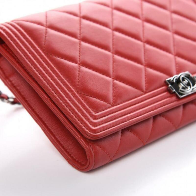 Chanel Boy Quilted Wallet On Removable Chain Woc Red Lambskin Leather