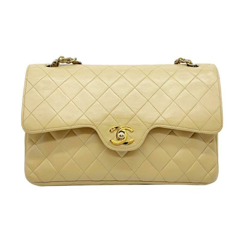 Chanel Double Flap Medium Chain Beige Leather Shoulder Bag