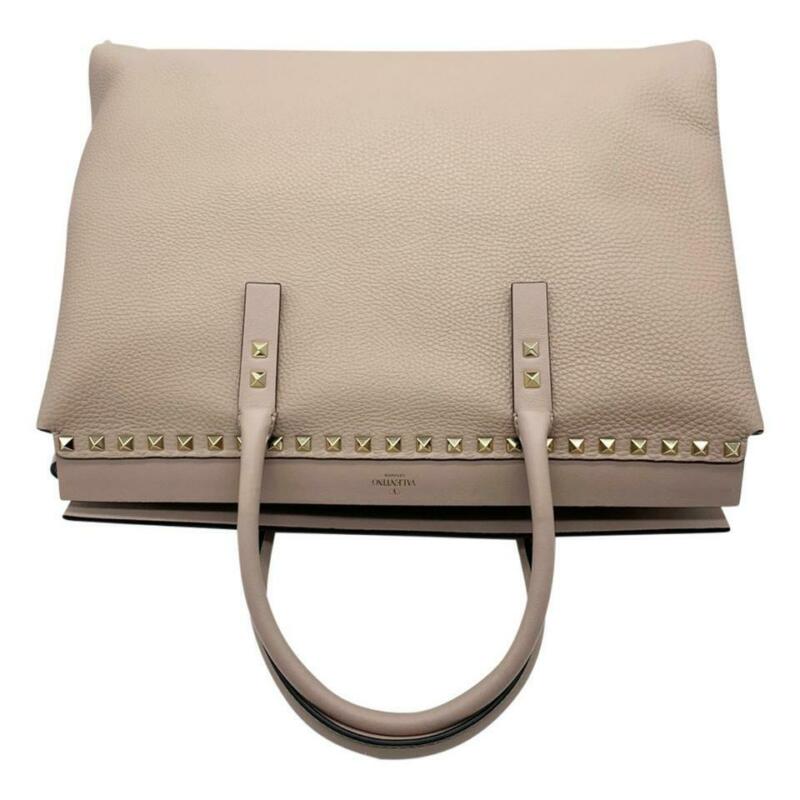 Valentino Medium Rockstud Double Handle Satchel Beige Leather Tote