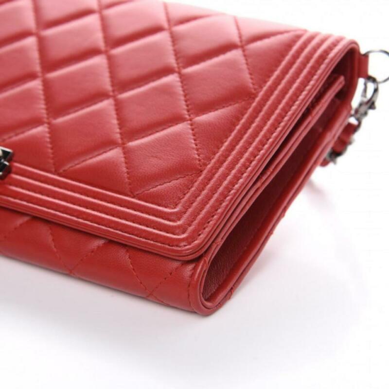 Chanel Boy Quilted Wallet On Removable Chain Woc Red Lambskin Leather