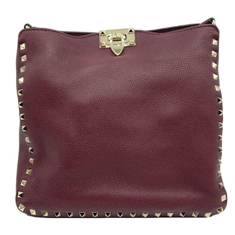 Valentino Hobo Small Rockstud Burgundy Leather Messenger Bag