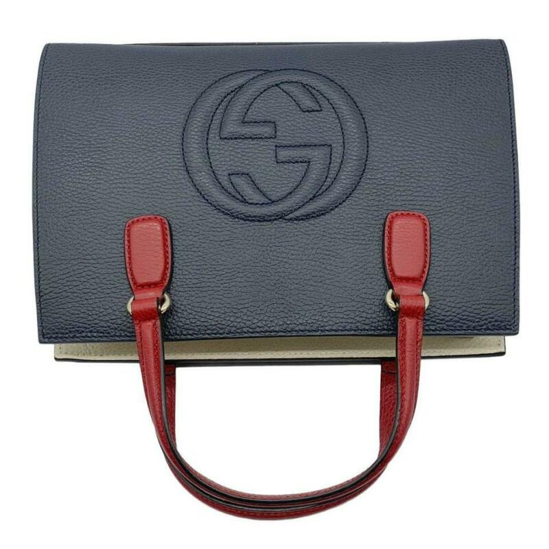 Gucci Soho Convertible Top Handle Satchel Medium Blue White and Red Leather Tote