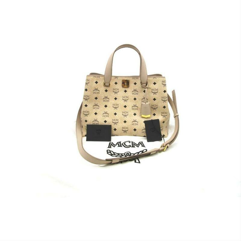 MCM Large Klara Visetos Diamond Hobo Shopper Crossbody Beige Coated Canvas