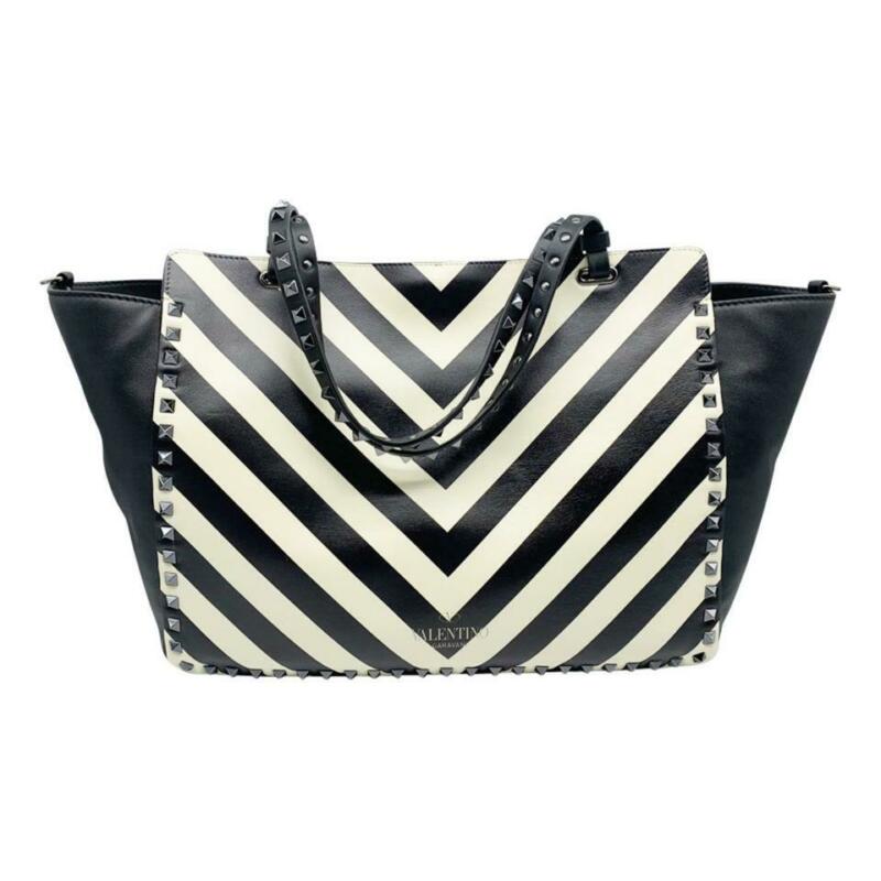 Valentino Rockstud Chevron Stripe Medium Black Leather Tote