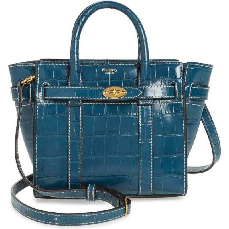 Mulberry Micro Bayswater Croc Embossed Satchel Blue Leather Shoulder Bag