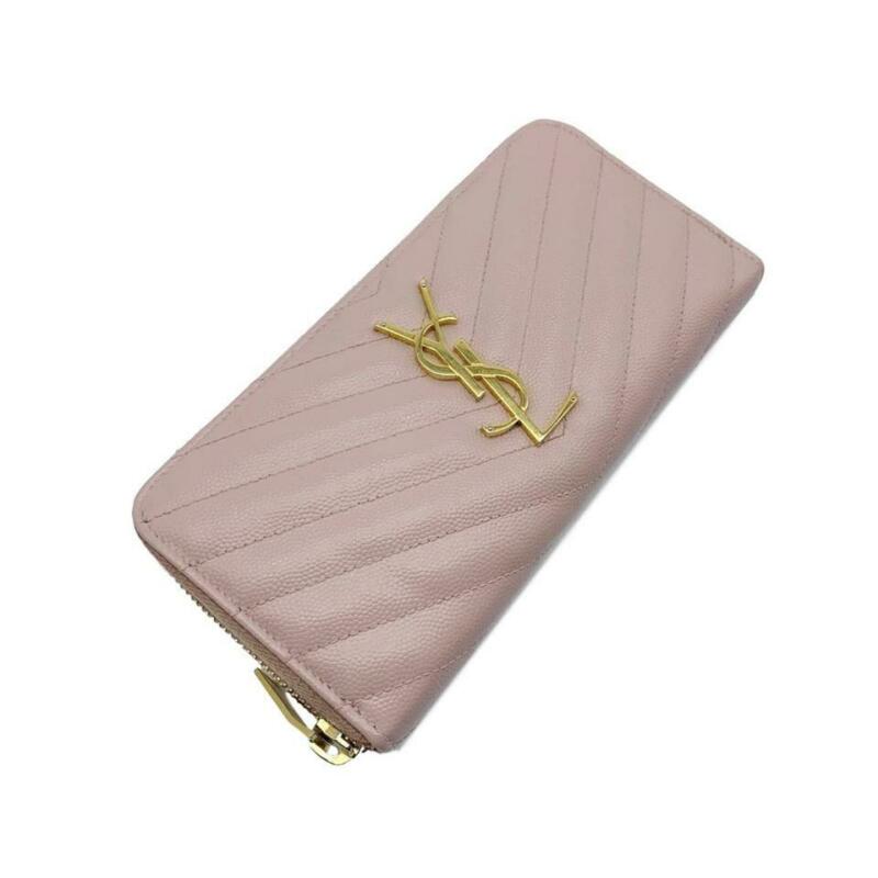 Saint Laurent Pink Grain De Poudre Matelasse Chevron Monogram Zip Around Pale