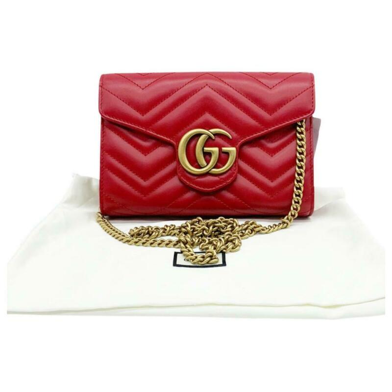 Gucci Chain Wallet Marmont Calfskin Matelasse Gg Red Leather Cross Body Bag