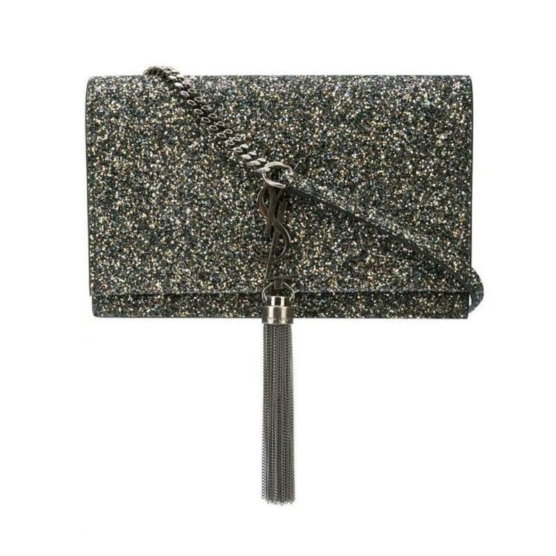 Saint Laurent Monogram Kate Tassel Glitter Chain Silver Leather Cross Body Bag