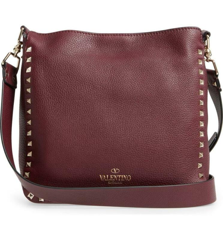 Valentino Hobo Small Rockstud Burgundy Leather Messenger Bag