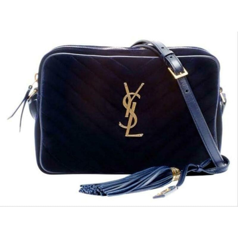Saint Laurent Camera Lou Medium Ysl Monogram Quilted Blue Velvet Cross Body Bag