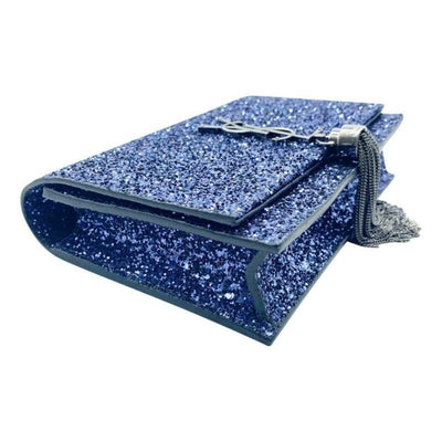 Saint Laurent Monogram Kate Chain Wallet New Chain Glitter Tassel Blue Leather