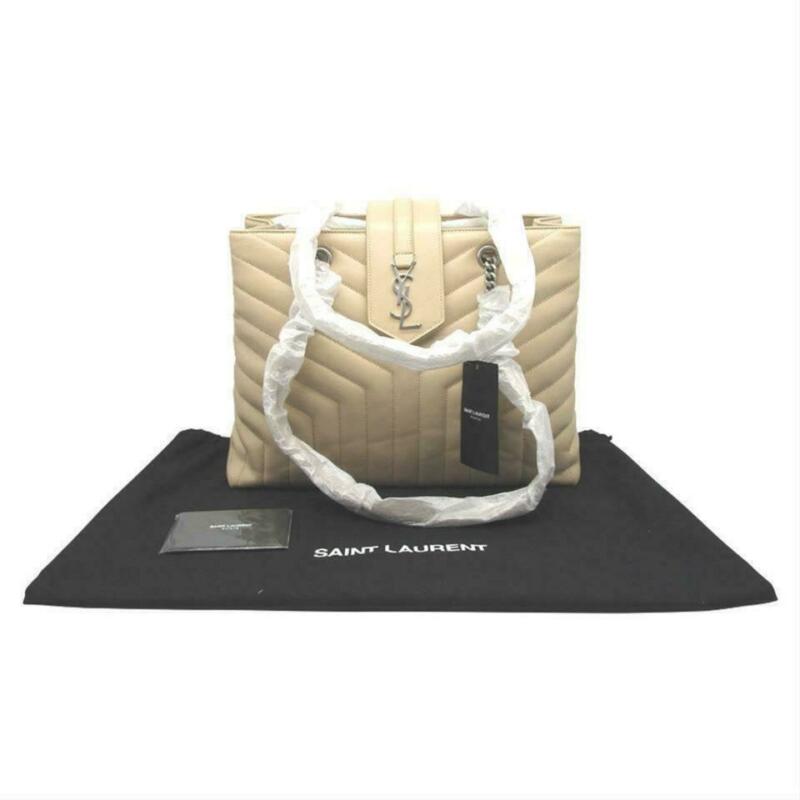 Saint Laurent Monogram Loulou Large Poudre Quilted Matelasse Chain Shopper Beige