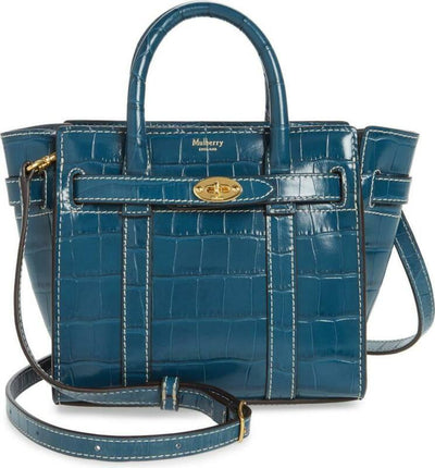 Mulberry Micro Bayswater Croc Embossed Satchel Blue Leather Shoulder Bag