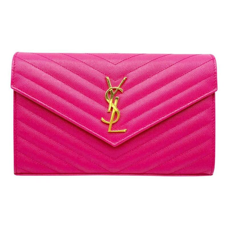 Saint Laurent Chain Wallet Grain De Poudre Matelasse Chevron Monogram Pink