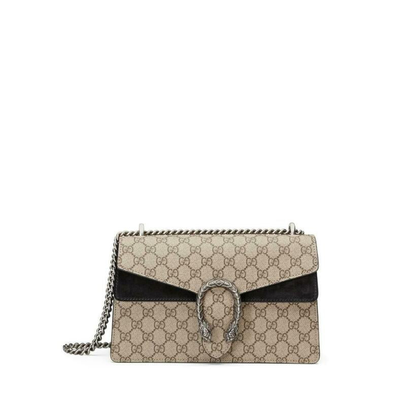 Gucci Chain Dionysus Small Black Beige Gg Supreme Canvas Shoulder Bag