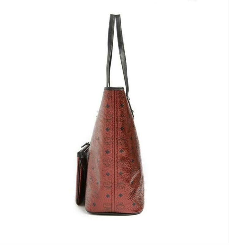 NEW MCM Top Zip Monogrammed Shopper Metallic Red Coated Canvas Tote $799