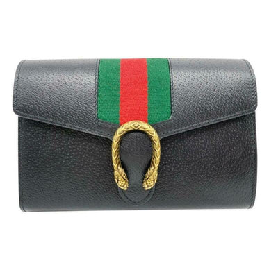 Gucci Dionysus 2019 Web Stripe Wallet On A Chain Black Leather Cross Body Bag