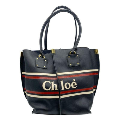 Chloé Vick Logo Embossed Full Blue Leather Tote
