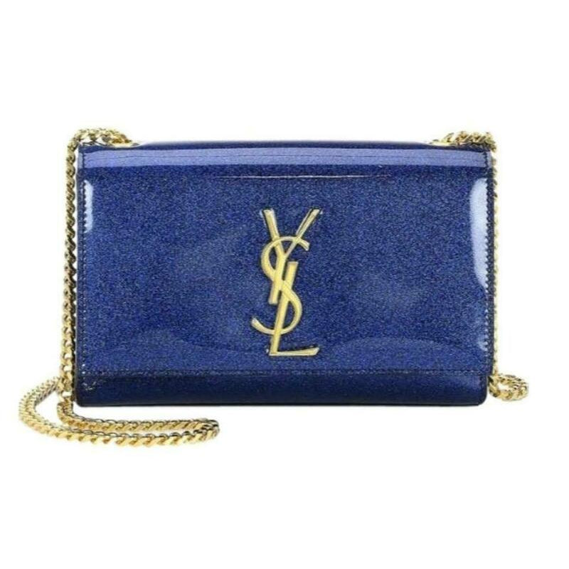 Saint Laurent Monogram Kate Shoulder Small Glitter Blue Patent Leather Crossbody