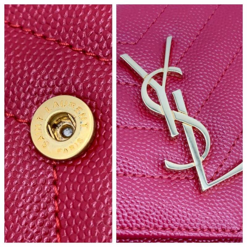Saint Laurent Monogram Envelope Chain Wallet Matelasse Chevron New Red Leather