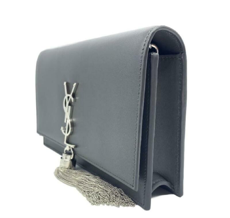 Saint Laurent Monogram Kate Chain Wallet Monogram Tassel Graphite Grey Leather