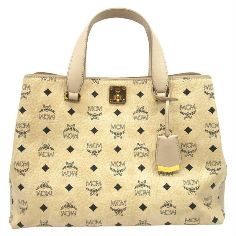 MCM Large Klara Visetos Diamond Hobo Shopper Crossbody Beige Coated Canvas