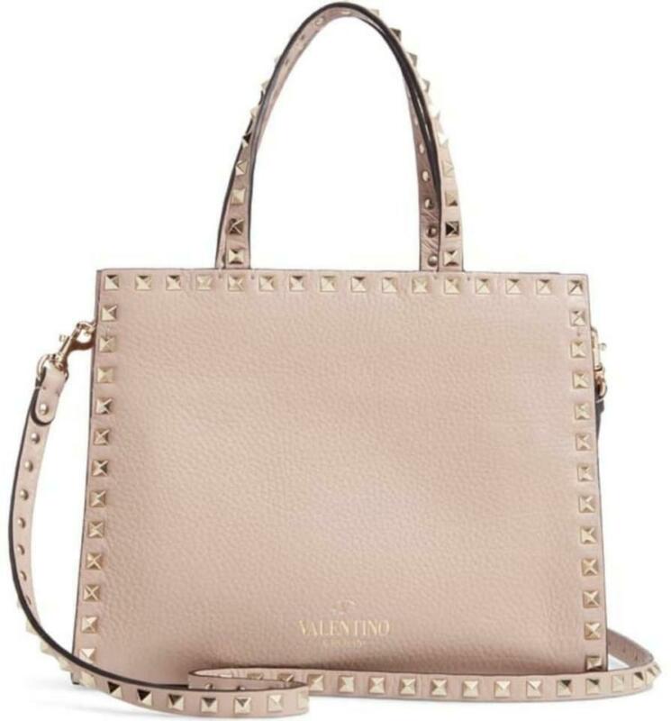 Valentino Small Rockstud Satchel Pink Beige Leather Tote