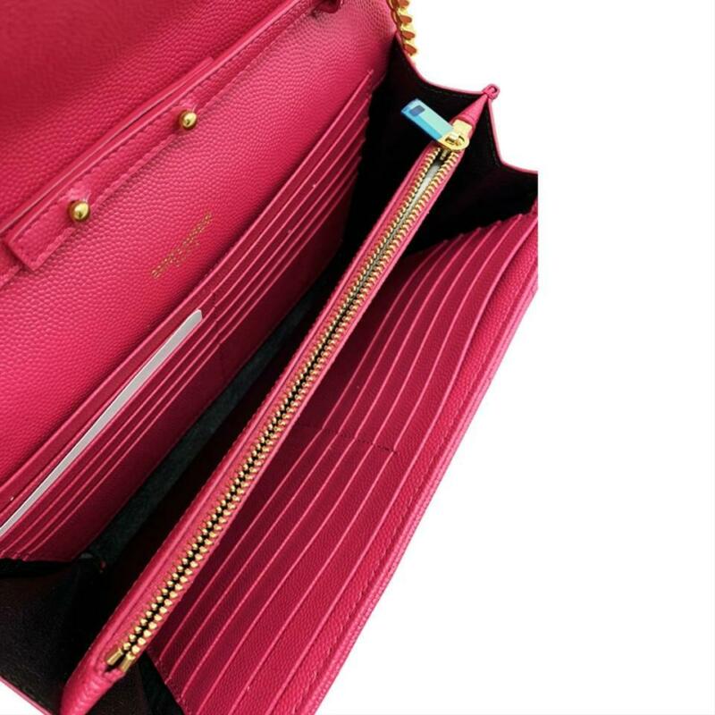 Saint Laurent Chain Wallet Grain De Poudre Matelasse Chevron Monogram Pink